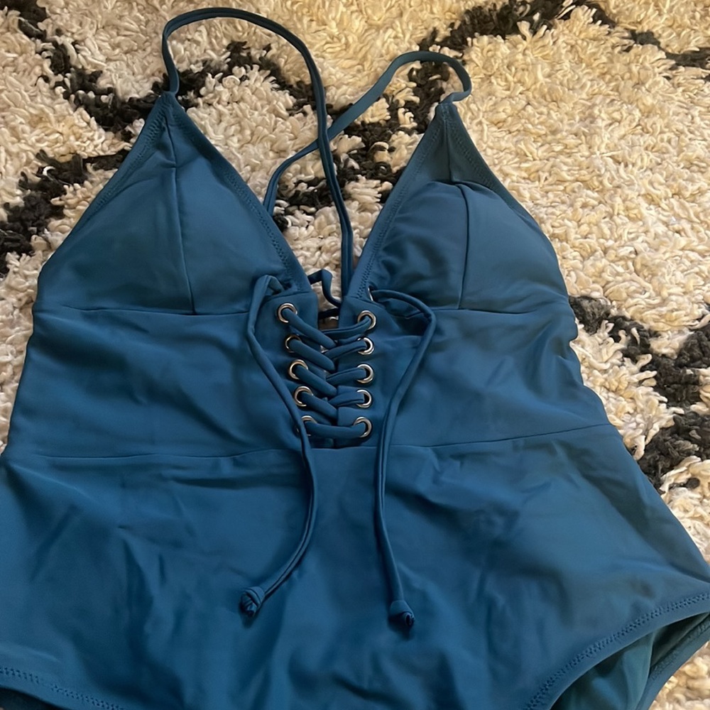 Cupshe Teal Lace-Up One-Piece Swimsuit - Picture 2 of 4